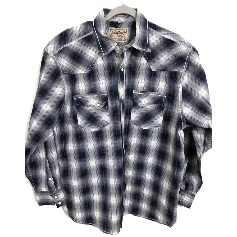 Rafter C Mens 2XL Blue Plaid Western Long Sleeve Snap Front Shirt 8451-5